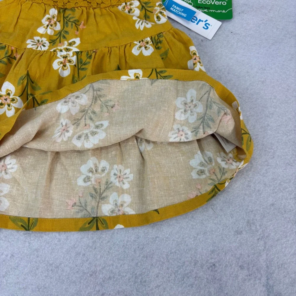 Carter's Yellow Floral Linen Blend Sun Dress Baby Girl 12M Cottagecore Summer